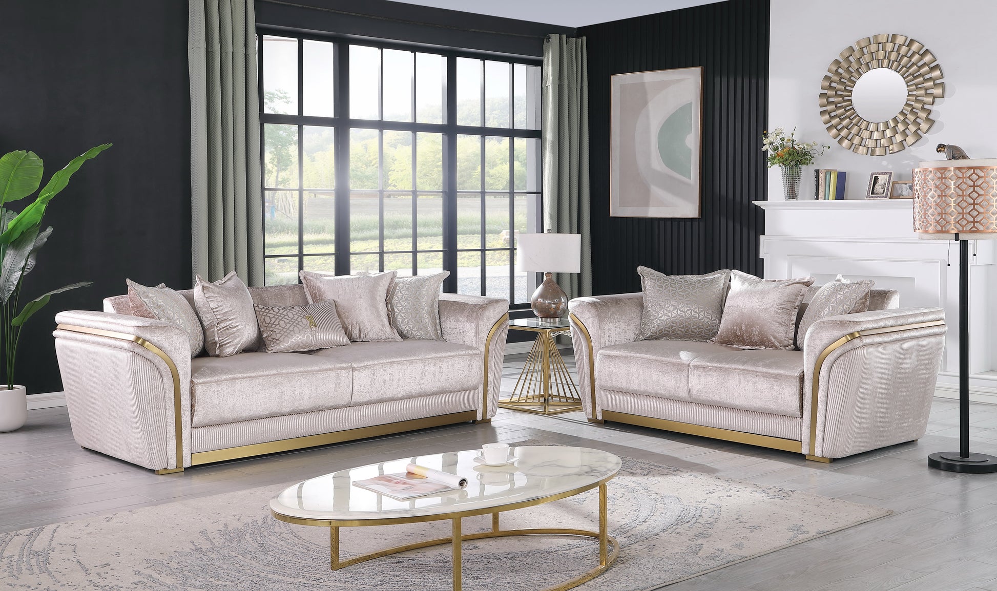 Torino Champagne sofa, loveseat, and chair set with gold frame accents in a modern living room