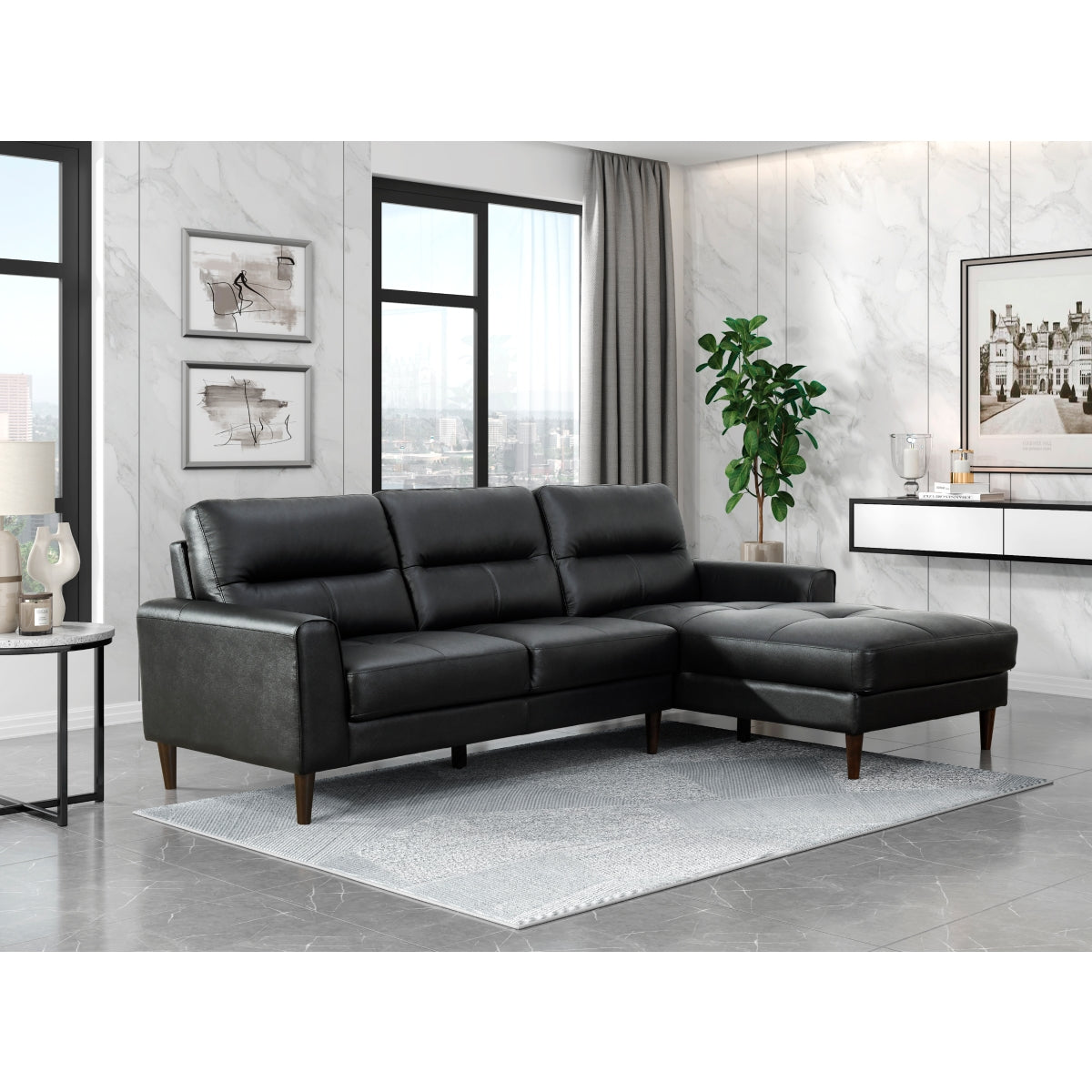 Black leather 2-piece sectional sofa with right-facing chaise and wood-tone legs