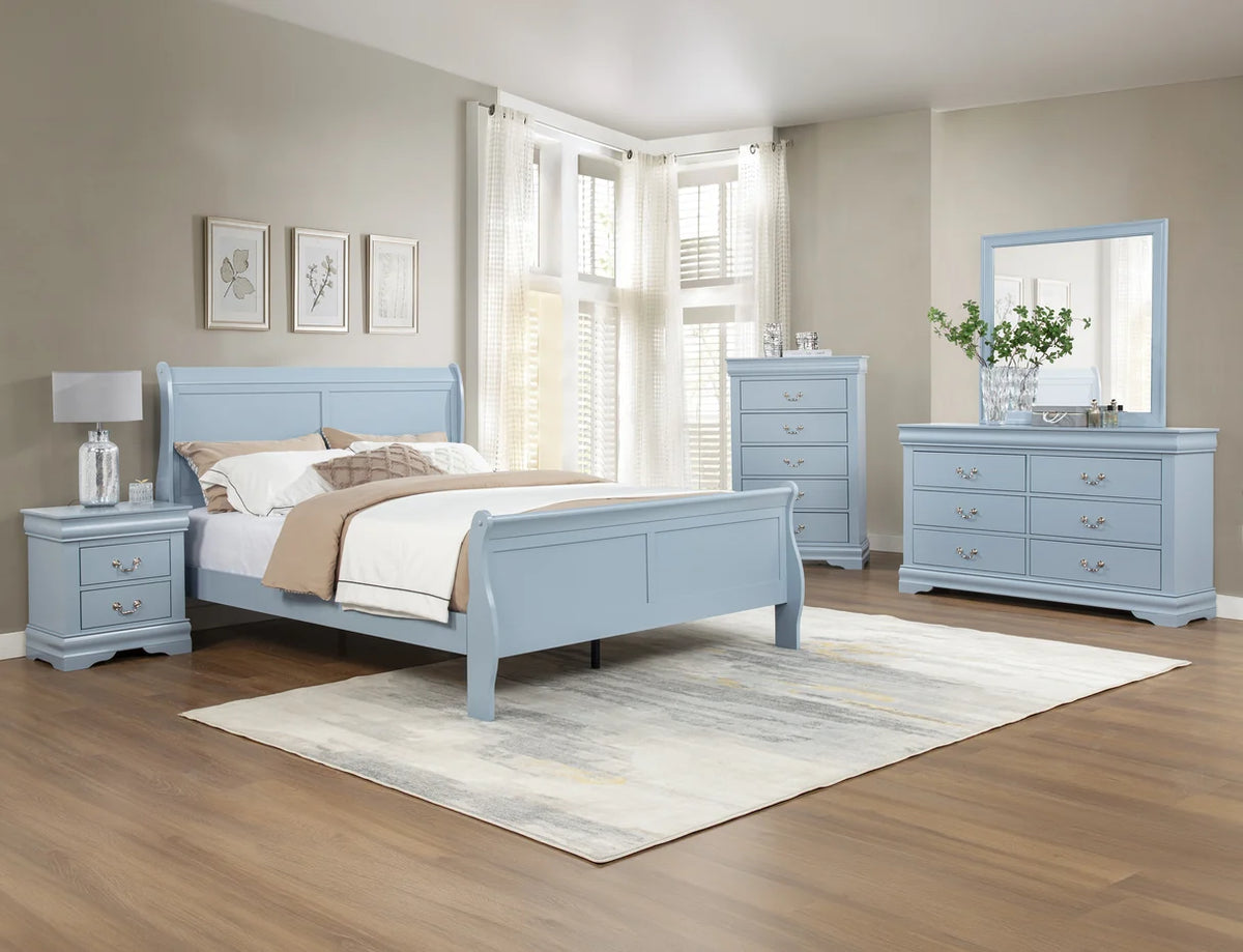 Louis blue-gray dresser with mirror and matching nightstand bedroom set