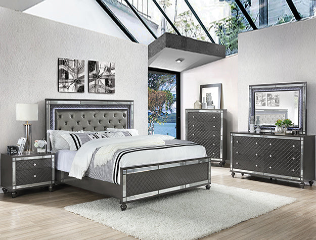 Refino upholstered platform bed with tufted LED headboard and mirror trim in bedroom setting