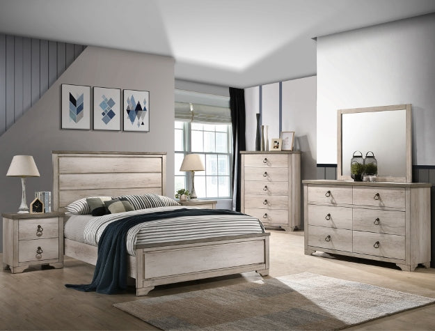 Patterson whitewash six-drawer dresser in a rustic bedroom setting