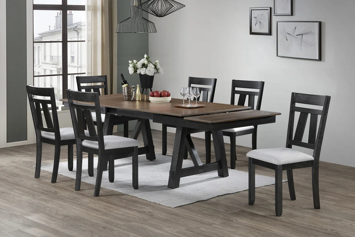 Maribelle two-tone trestle dining table with upholstered ladder-back chairs and bench