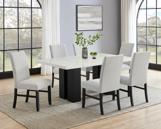 Parkside Contemporary Marble Dining Set with Dove Upholstered Seating