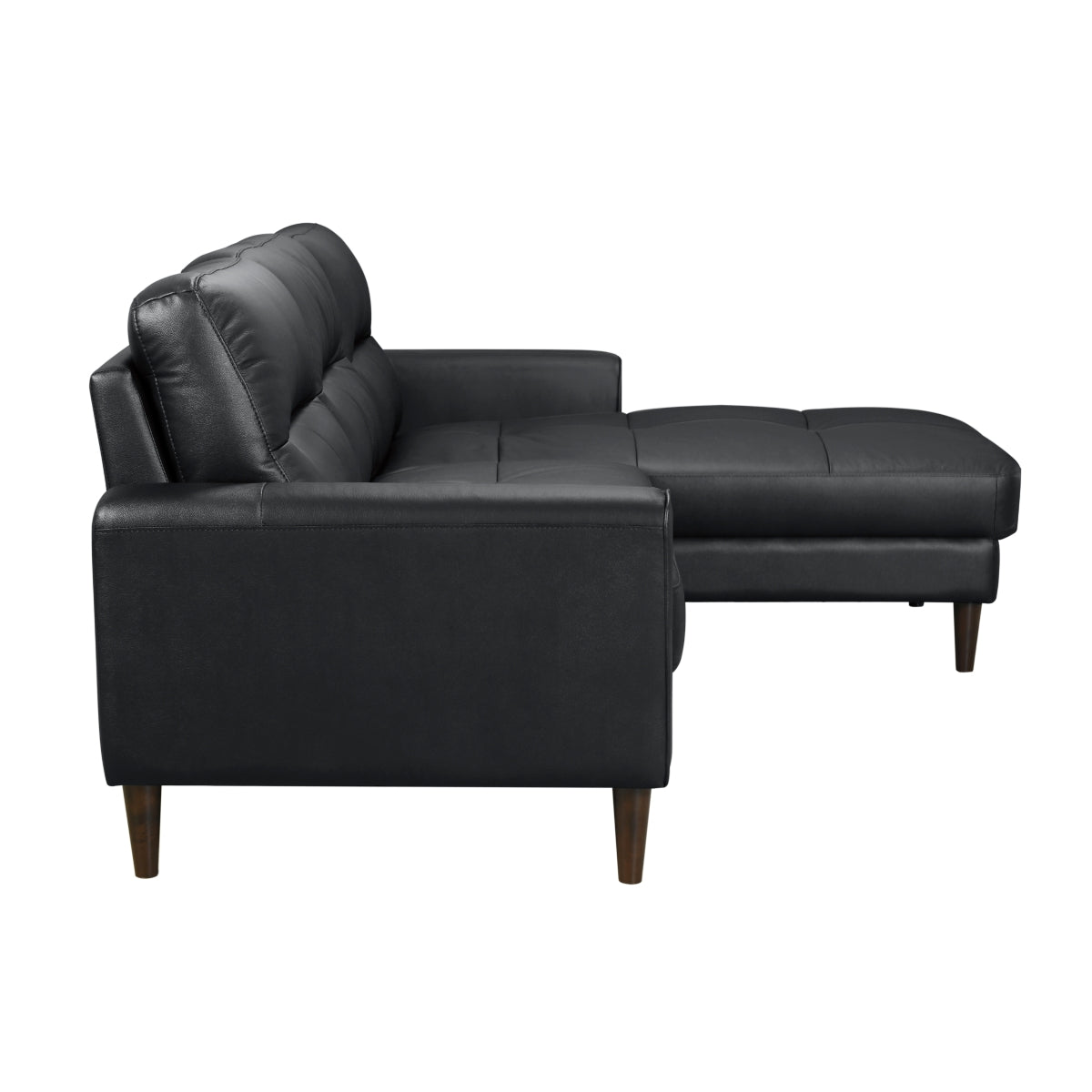 Black leather 2-piece sectional sofa with right-facing chaise and wood-tone legs