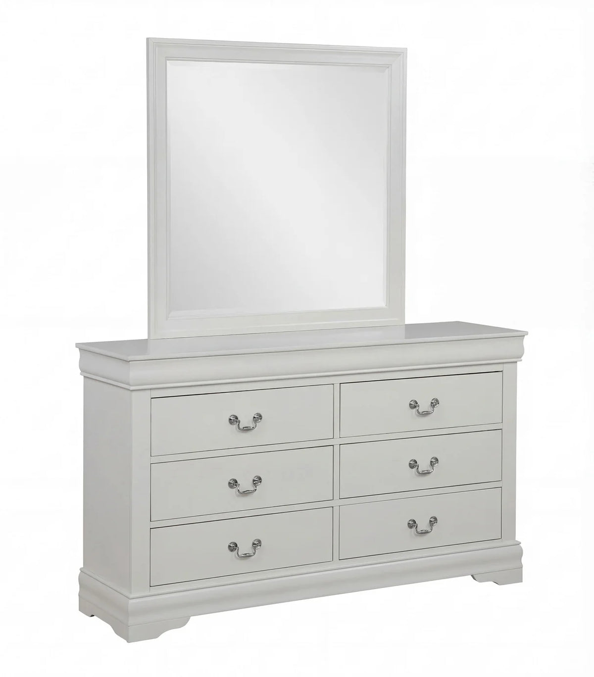 Louis white bedroom set with six-drawer dresser, beveled mirror, and two-drawer nightstand