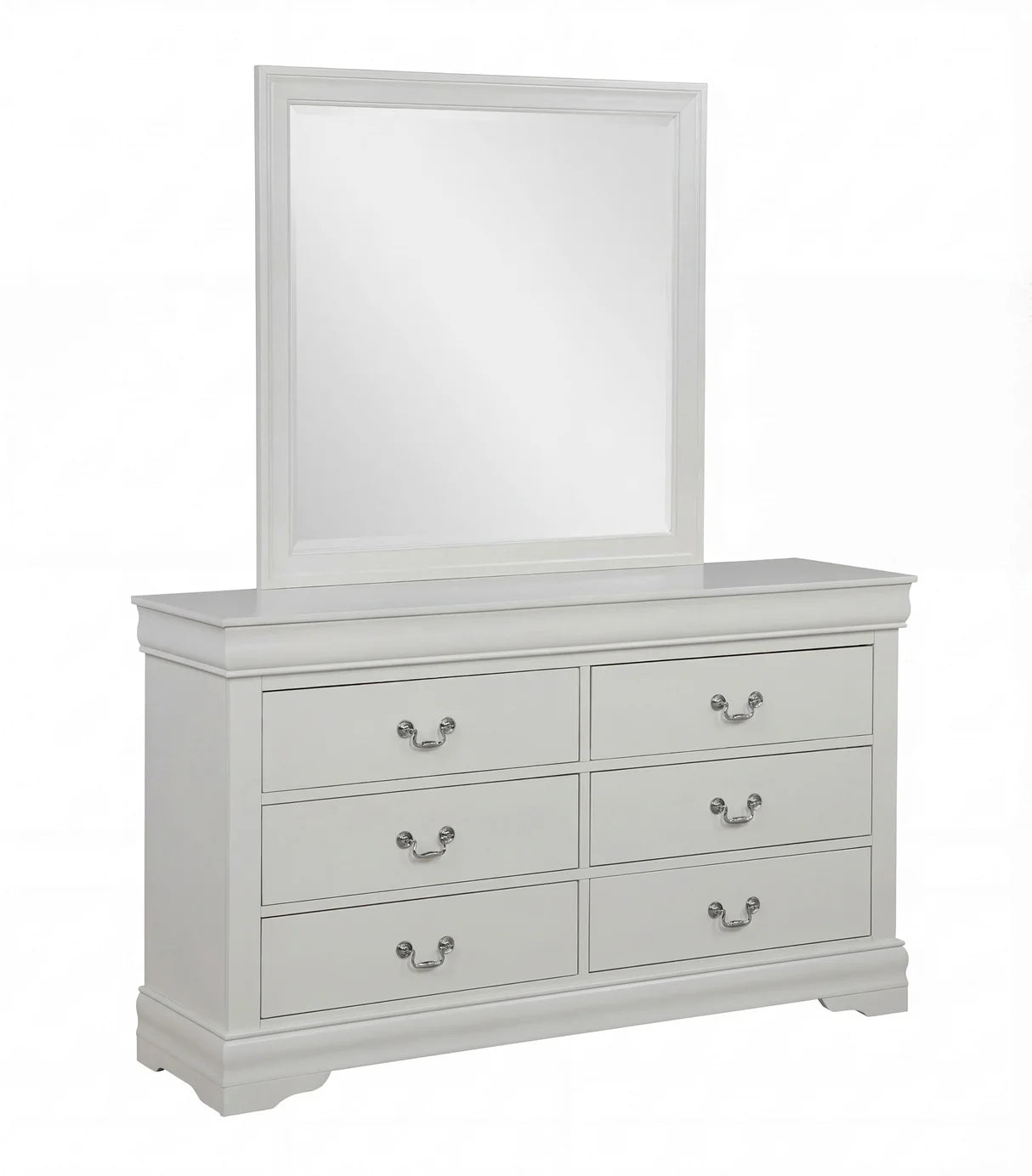 Louis white bedroom set with six-drawer dresser, beveled mirror, and two-drawer nightstand