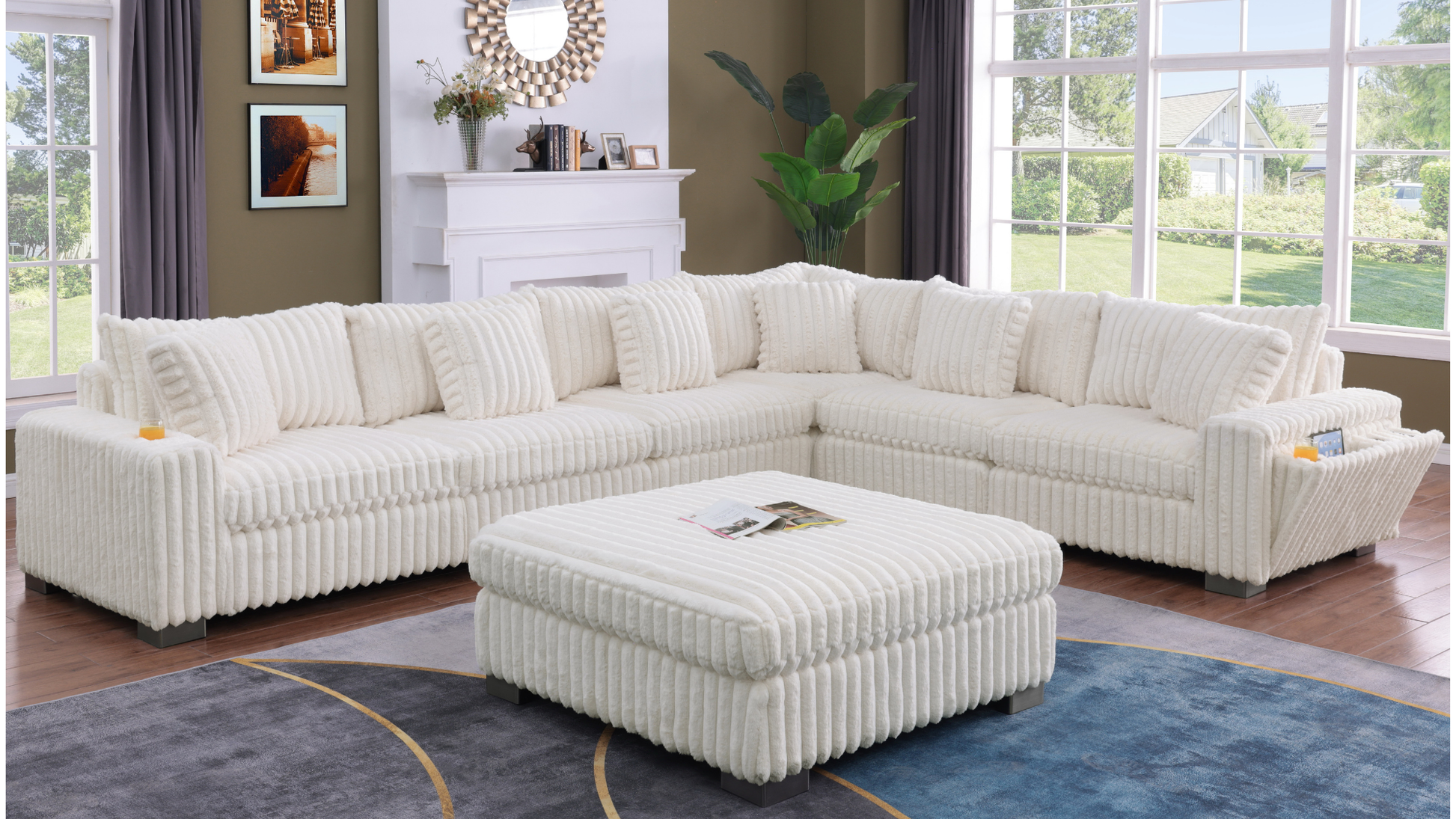 S329 Snuggle Station cream sectional with built-in tech console, Bluetooth speakers, and wireless charging in a living room setting