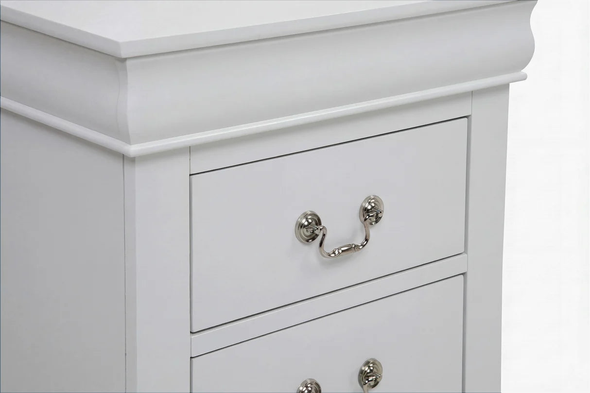 Louis white bedroom set with six-drawer dresser, beveled mirror, and two-drawer nightstand