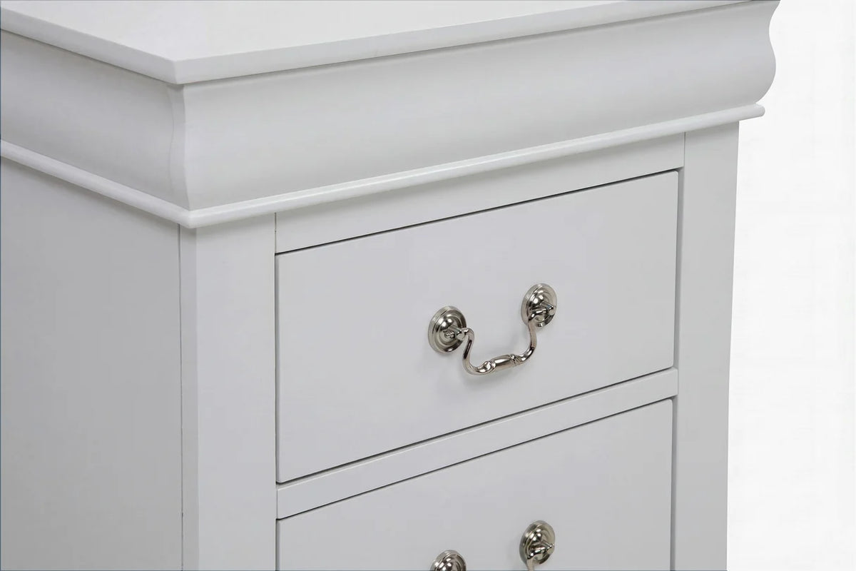 Louis white bedroom set with six-drawer dresser, beveled mirror, and two-drawer nightstand