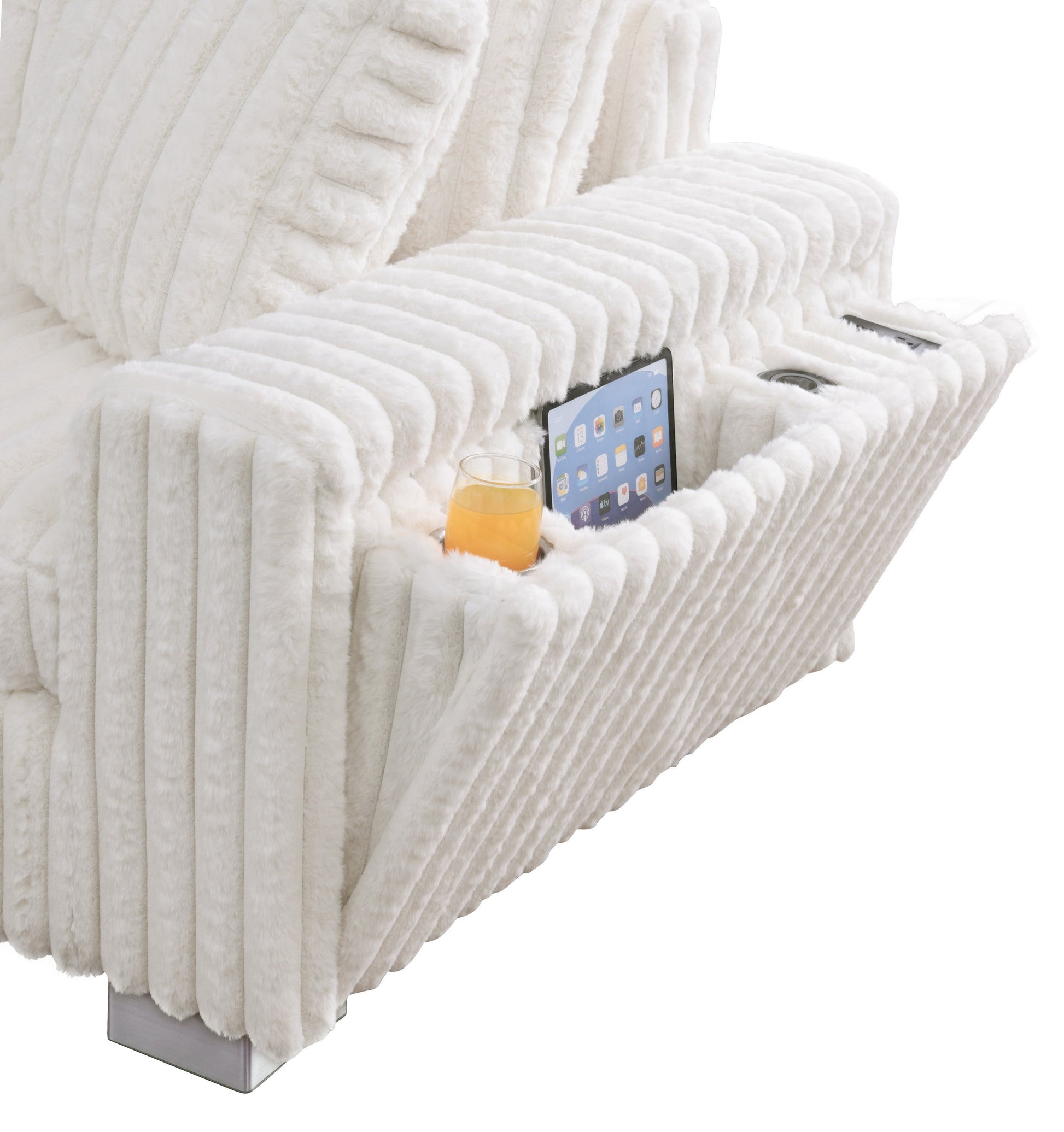 S329 Snuggle Station cream sectional with built-in tech console, Bluetooth speakers, and wireless charging in a living room setting