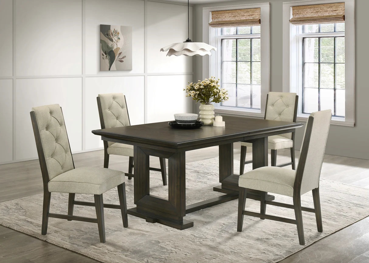 Herbert dining set with tufted bench, upholstered chairs, and wood trestle table