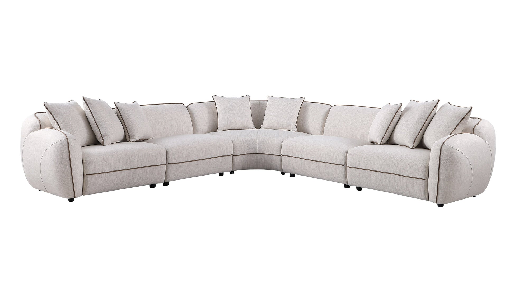 Gaby 5-piece beige fabric sectional sofa with contrast piping and accent pillows in a living room