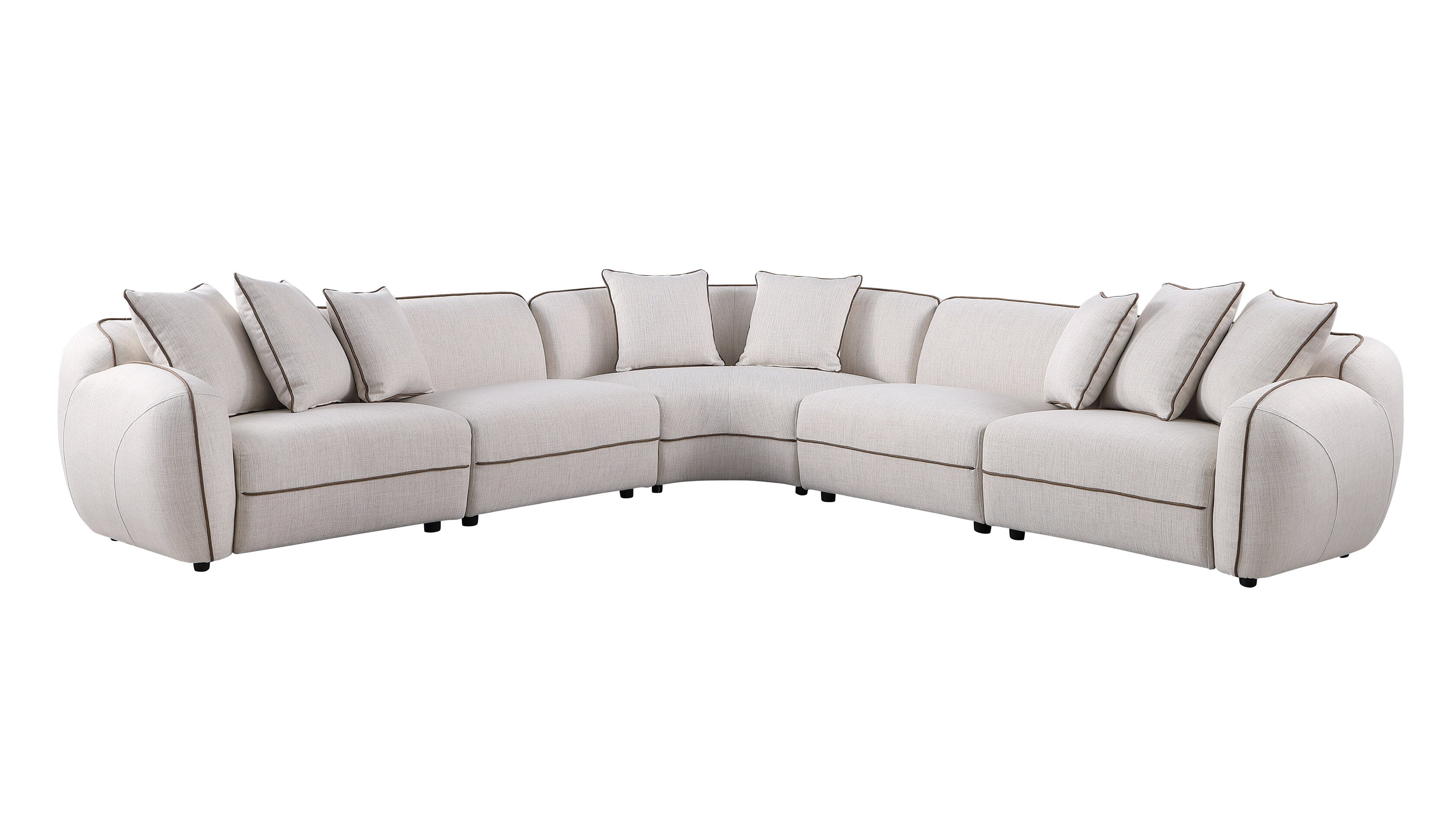 Gaby 5-piece beige fabric sectional sofa with contrast piping and accent pillows in a living room
