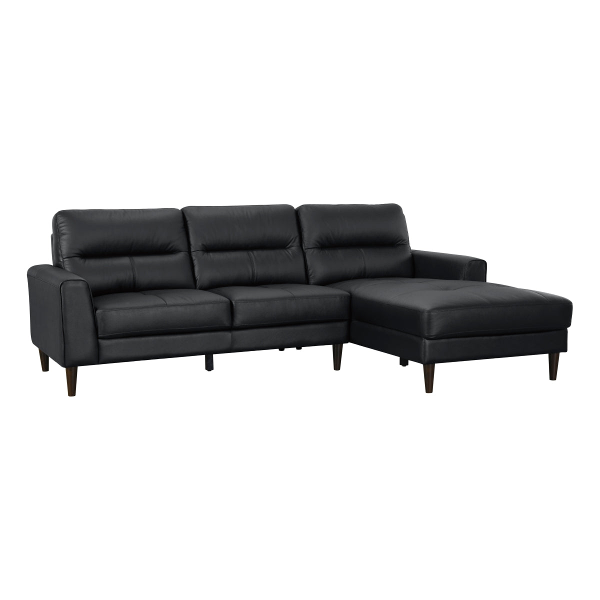 Black leather 2-piece sectional sofa with right-facing chaise and wood-tone legs