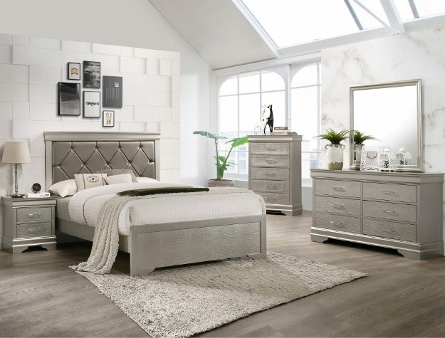 Amalia bed with diamond-tufted upholstered headboard in silver finish, shown with matching nightstand, dresser, mirror, and chest