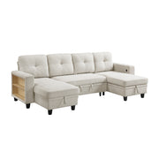 Beige boucle sectional sofa with pull-out bed, storage chaises, and built-in shelving