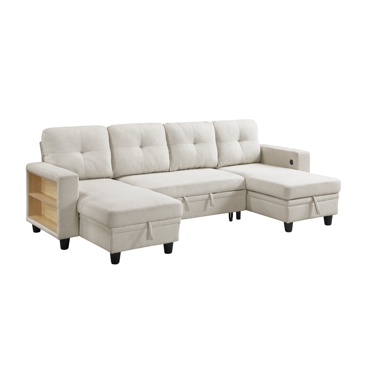 Beige boucle sectional sofa with pull-out bed, storage chaises, and built-in shelving