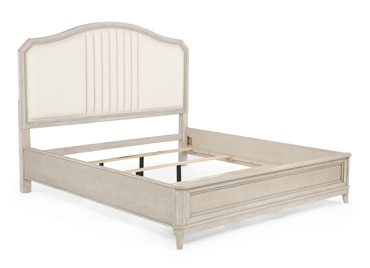 Napoli bedroom set with upholstered channel-tufted headboard bed and matching wood dresser