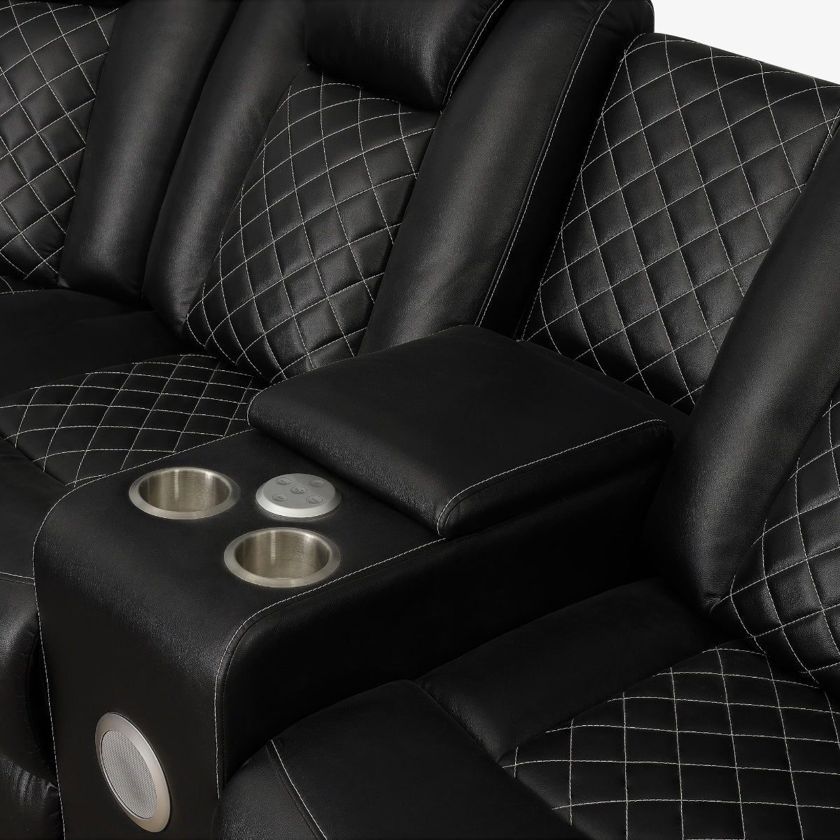 Black 3-piece reclining sectional sofa with LED accent lighting and diamond-stitched cushions
