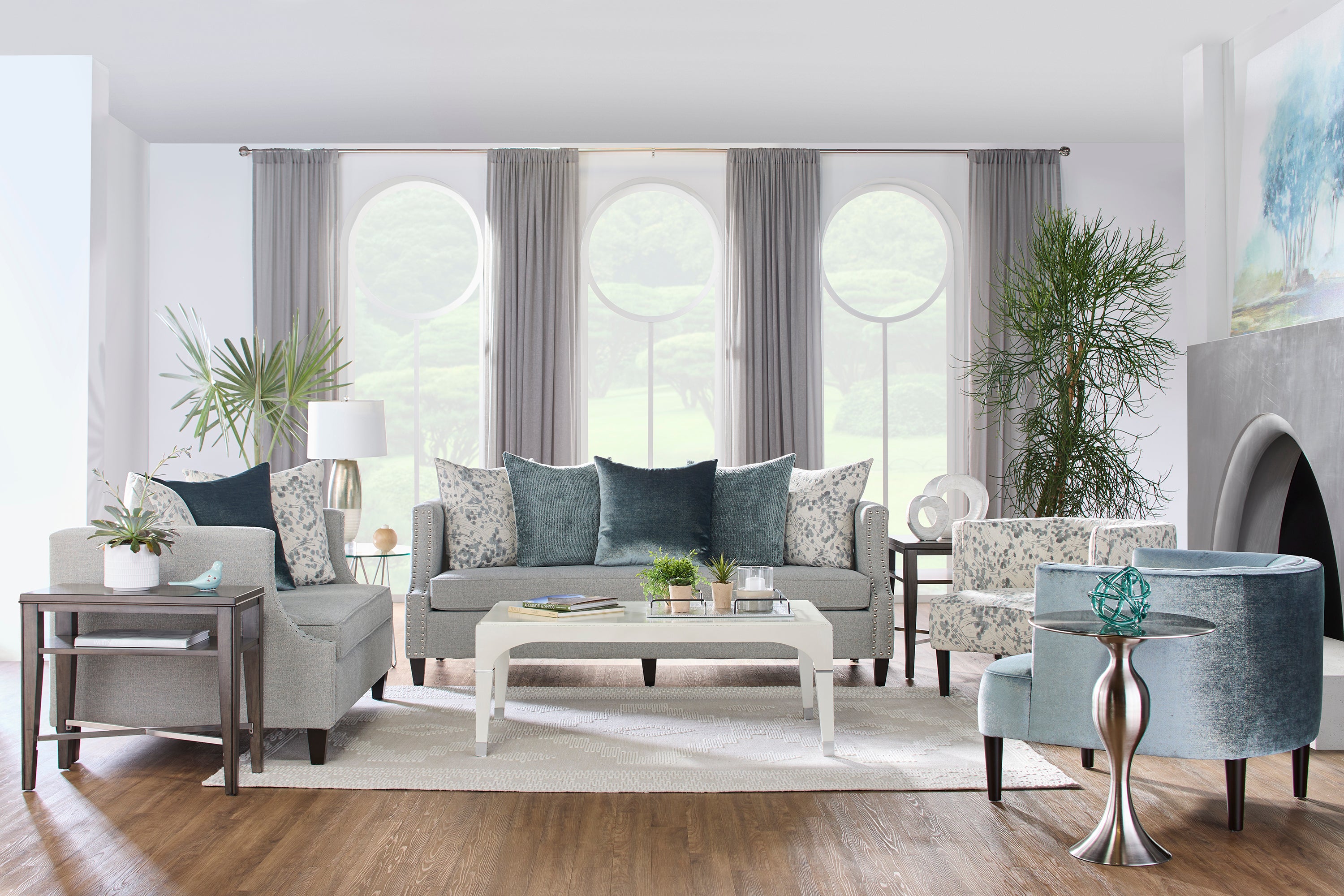 Simone Modern Glam Sofa & Loveseat Set – Nailhead Trim, Designer Pillows, Luxe Fabric