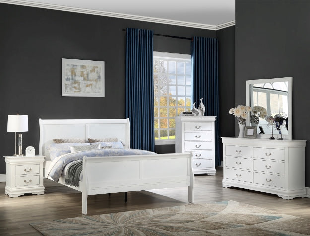Louis white sleigh bed with curved headboard and footboard in a bedroom setting