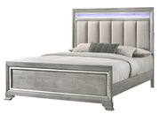 Vail grey upholstered LED bedroom set with mirrored trim including bed, dresser, mirror, and nightstand
