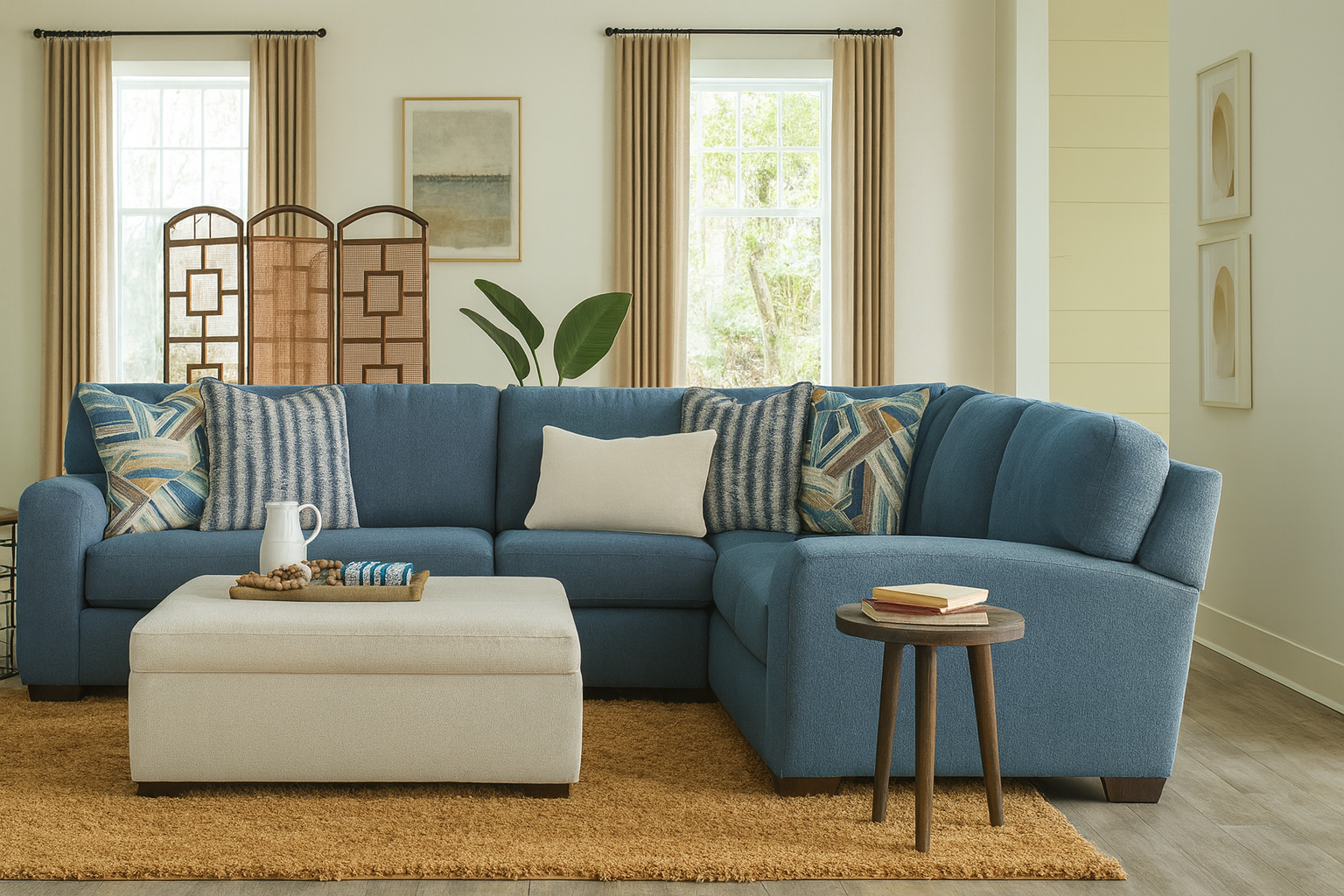 Blue sectional sofa with decorative pillows in a living room setting.