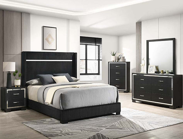 Gennro black platform bed with tall vertical channel headboard in modern bedroom