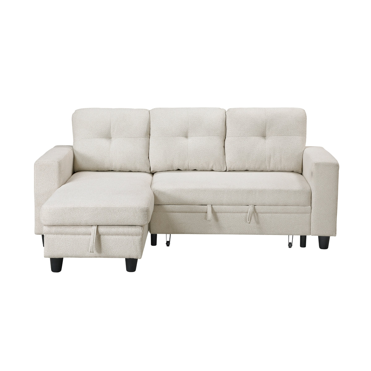Beige boucle reversible sectional sofa with pull-out bed, storage chaise, side shelving and charging port