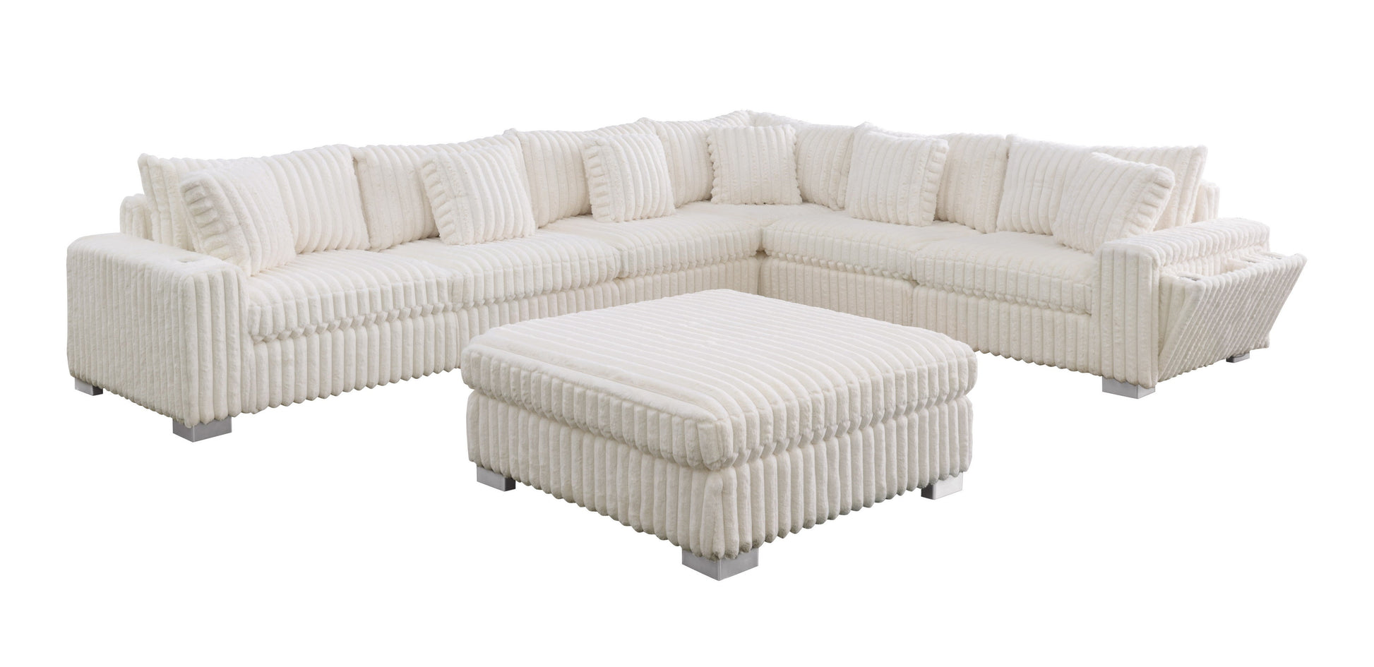 S329 Snuggle Station cream sectional with built-in tech console, Bluetooth speakers, and wireless charging in a living room setting