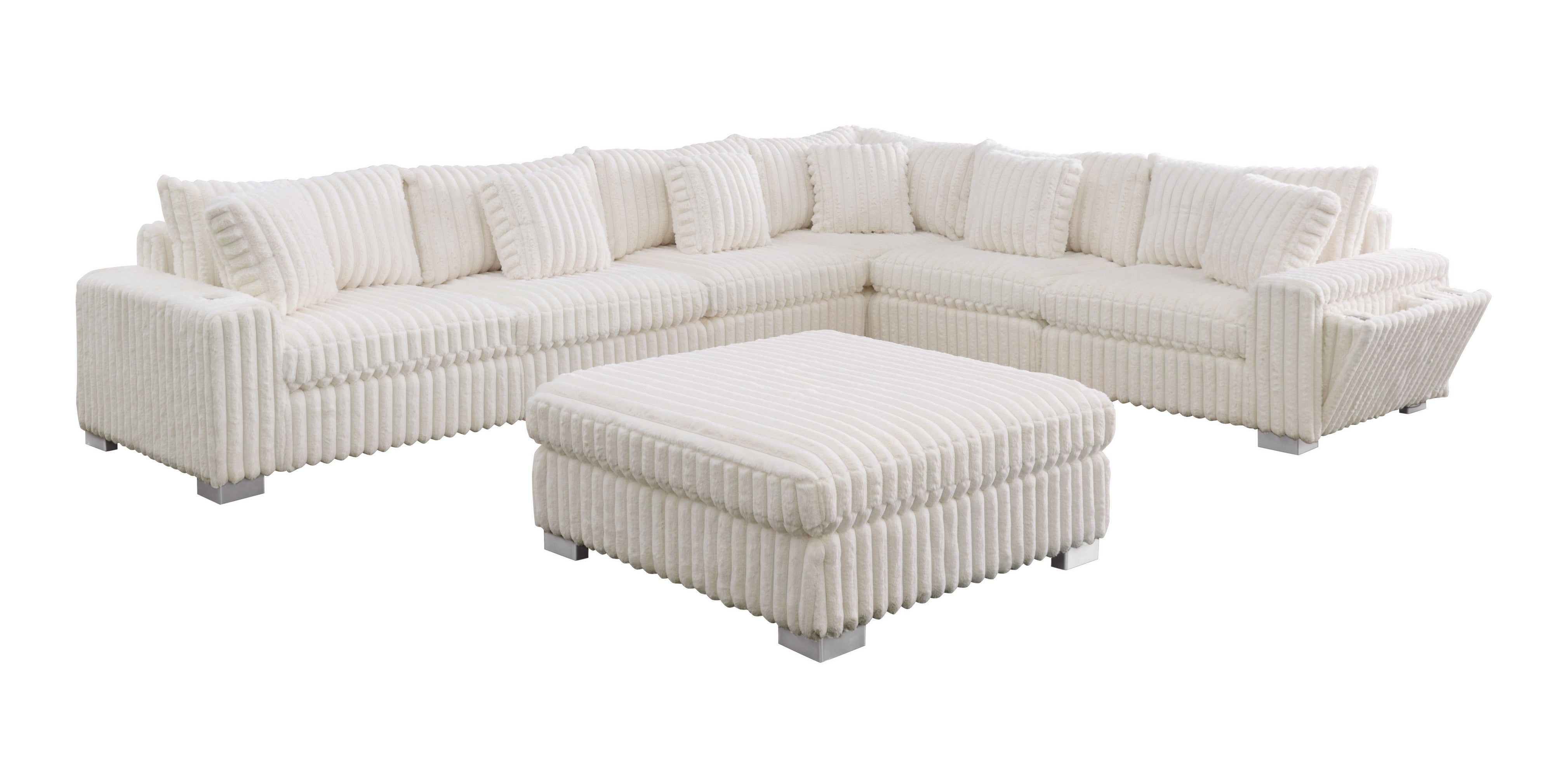 S329 Snuggle Station cream sectional with built-in tech console, Bluetooth speakers, and wireless charging in a living room setting