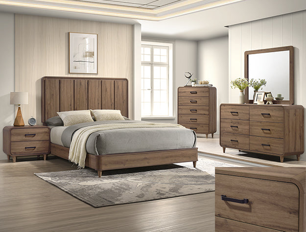 Light brown wood panel bed with vertical slat headboard in a modern bedroom setting