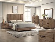 Modern wood-finish bedroom set with paneled headboard bed, nightstand, dresser, mirror, and chest