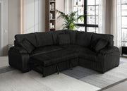 Black corduroy sectional sofa with pullout bed and matching pillows in modern living room