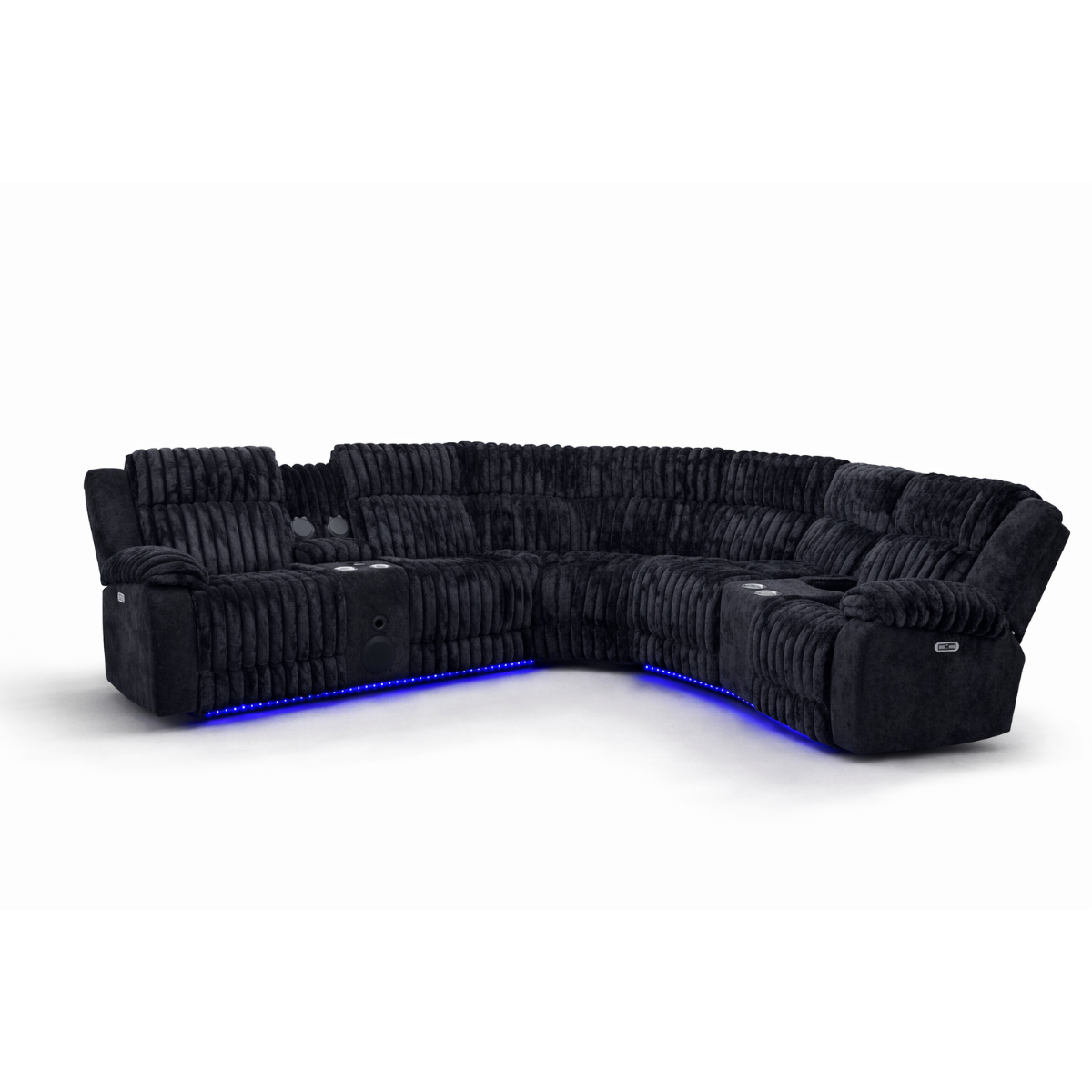 Black corduroy power reclining sectional sofa with LED lighting and built-in speakers