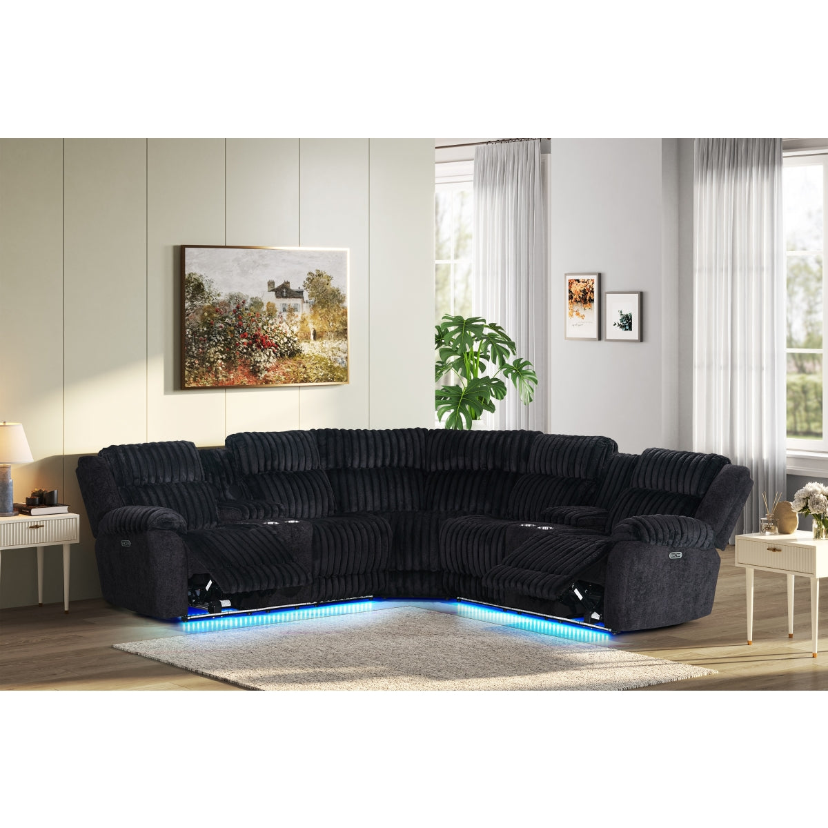 Black corduroy power reclining sectional sofa with LED lighting and built-in speakers