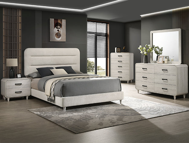 Nyomi upholstered platform bed with channel-tufted headboard in a modern bedroom setting