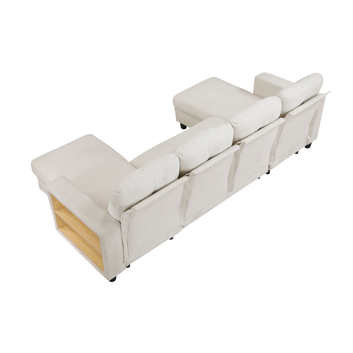 Beige boucle sectional sofa with pull-out bed, storage chaises, and built-in shelving
