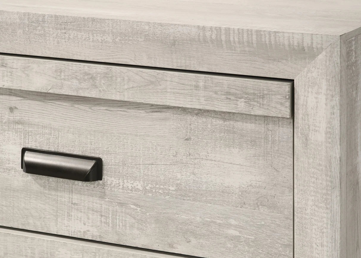 Valor whitewashed bedroom set with chevron headboard bed, dresser, mirror, nightstand, and chest