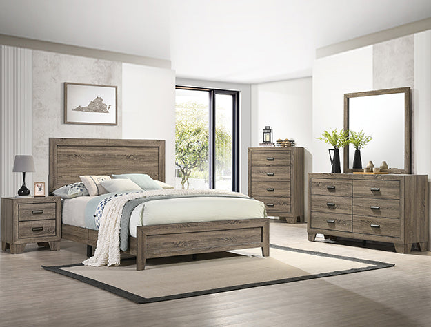 Millie bed with weathered grey finish shown in a bedroom with matching dresser and nightstand