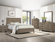 Millie bedroom collection with weathered wood-tone bed, dresser, mirror, and nightstand