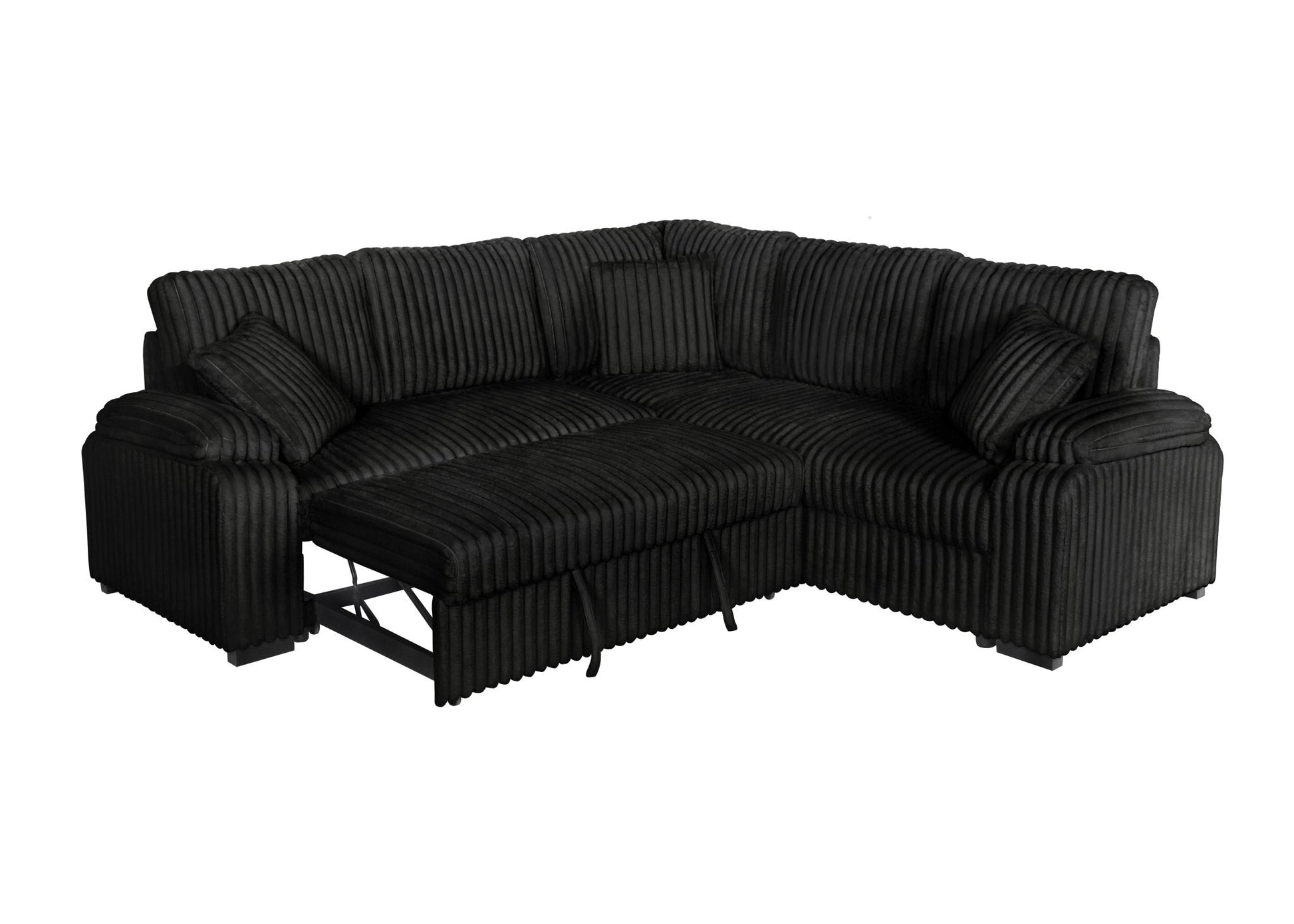 Black corduroy sectional sofa with pullout bed and matching pillows in modern living room