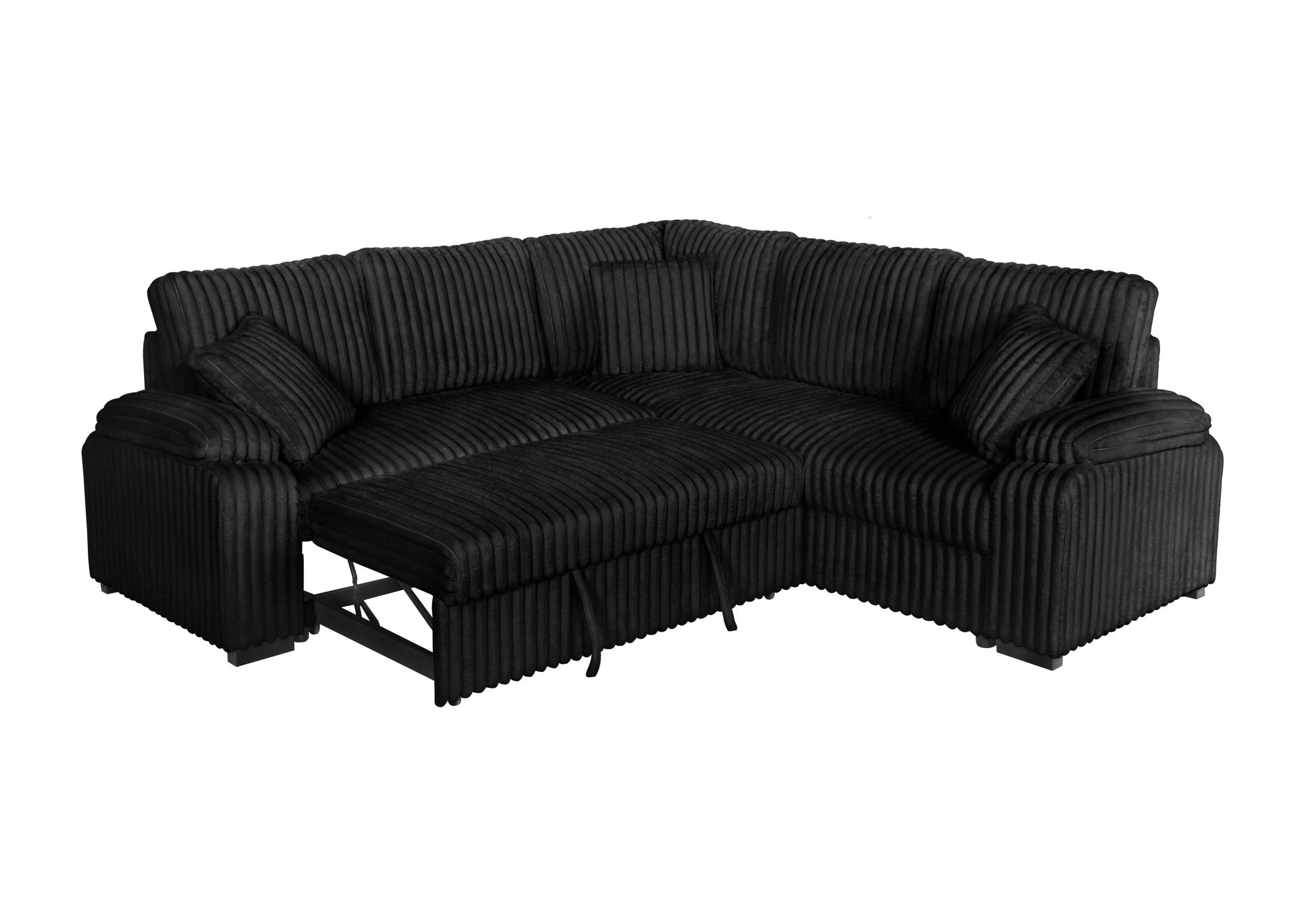Black corduroy sectional sofa with pullout bed and matching pillows in modern living room