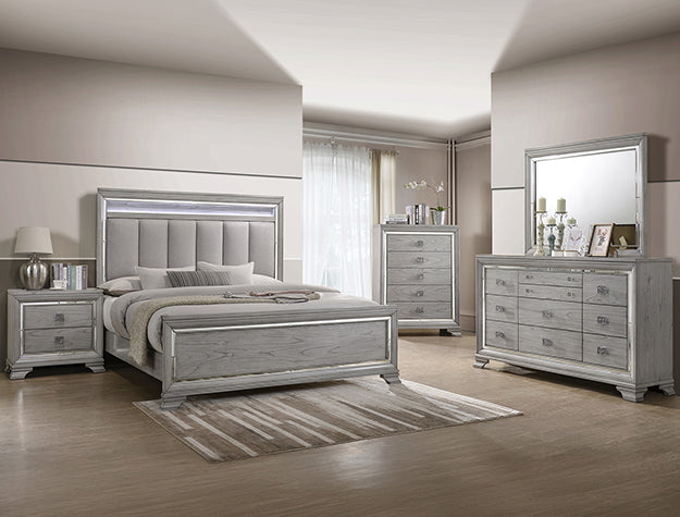 Vail upholstered platform bed with LED headboard and mirrored trim in silver finish
