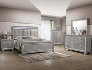 Vail grey upholstered LED bedroom set with mirrored trim including bed, dresser, mirror, and nightstand