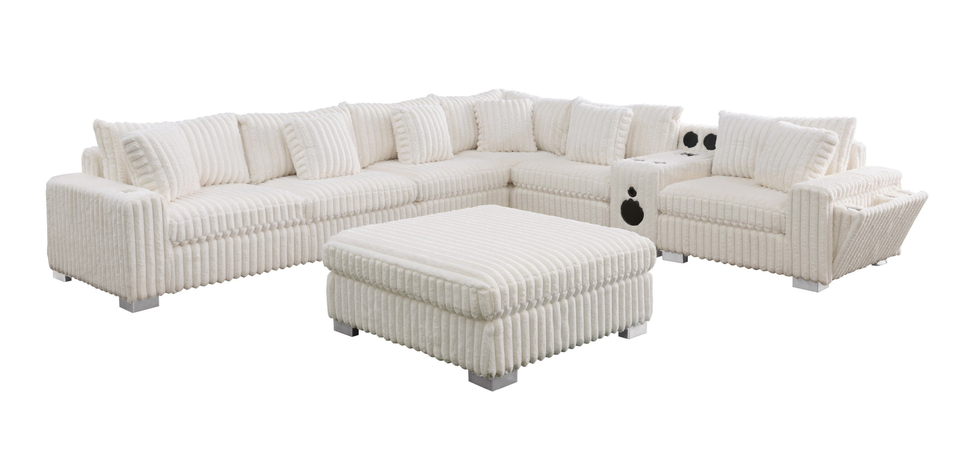 S329 Snuggle Station cream sectional with built-in tech console, Bluetooth speakers, and wireless charging in a living room setting