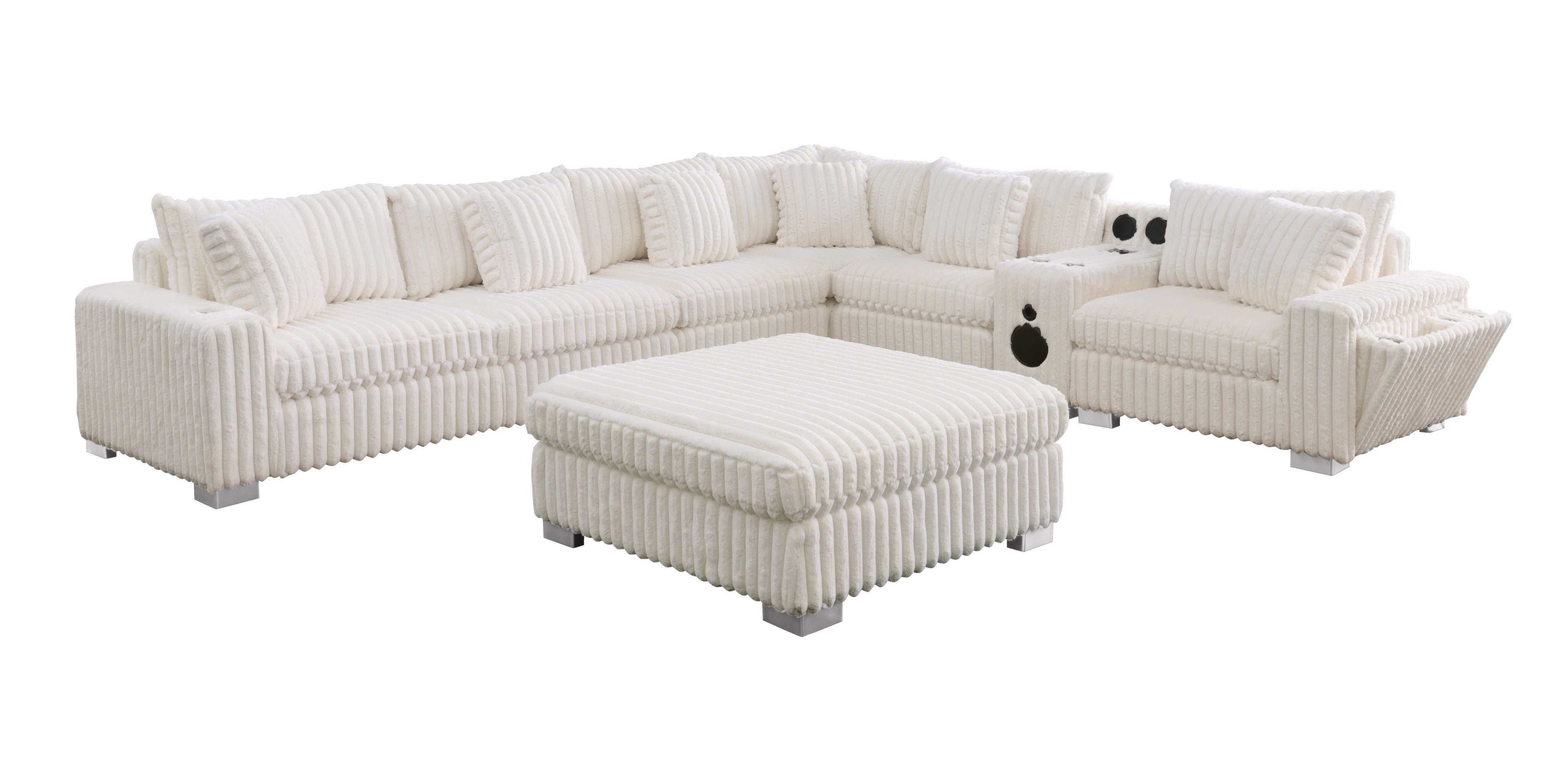 S329 Snuggle Station cream sectional with built-in tech console, Bluetooth speakers, and wireless charging in a living room setting