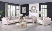 Torino Champagne sofa, loveseat, and chair set with gold frame accents in a modern living room