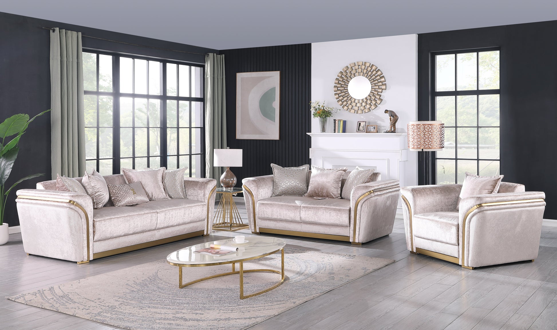 Torino Champagne sofa, loveseat, and chair set with gold frame accents in a modern living room