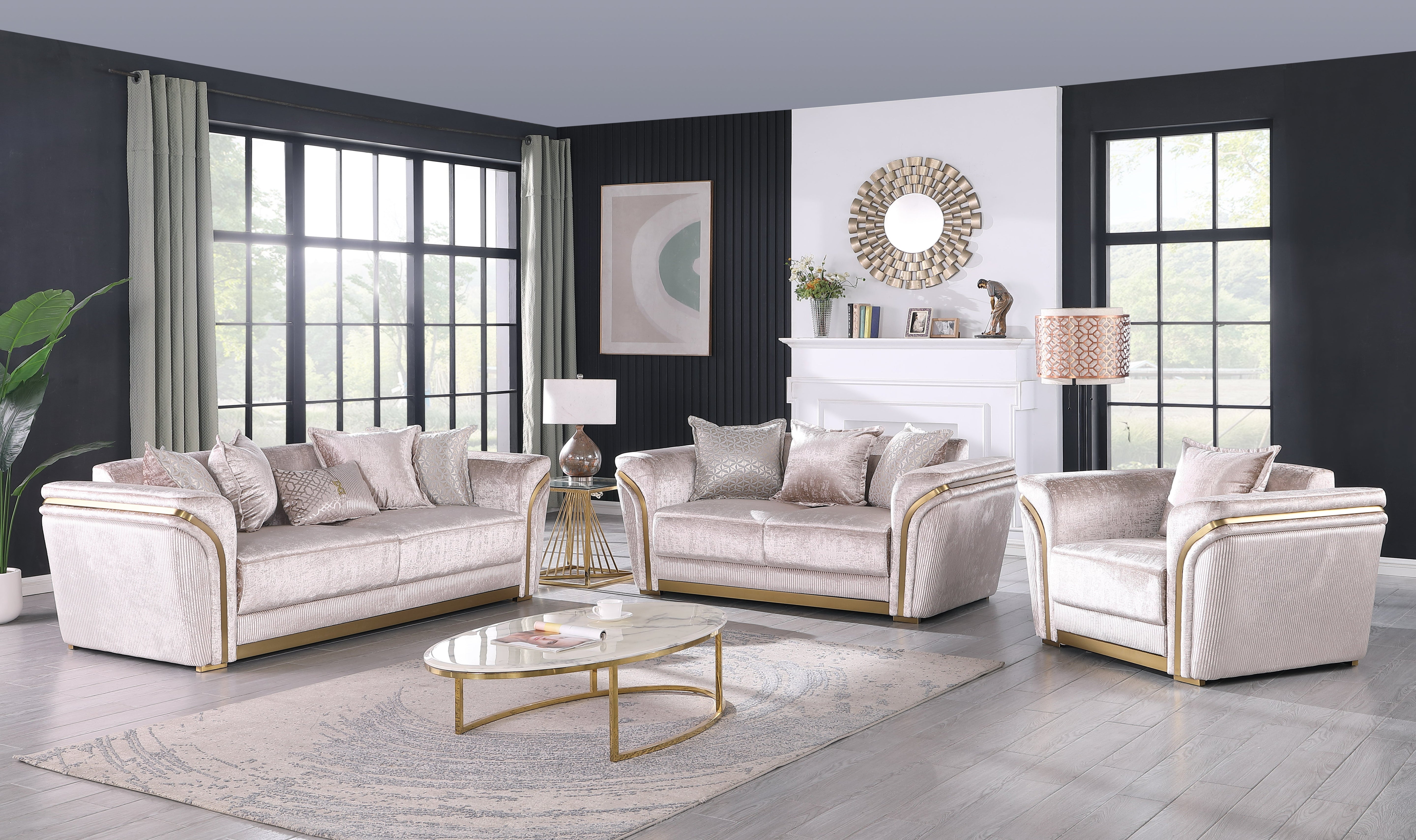 Torino Champagne sofa, loveseat, and chair set with gold frame accents in a modern living room